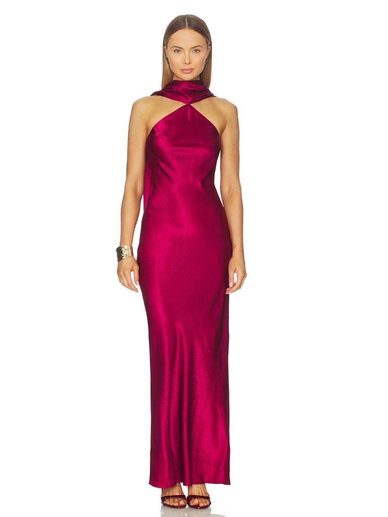 New Amanda Uprichard X Revolve Ashton Maxi Dress In Wine Red Satin Scarf Gown